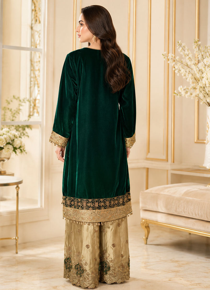 Embroidered Velvet 3-Piece Stitched Kurta & Sharara Suit