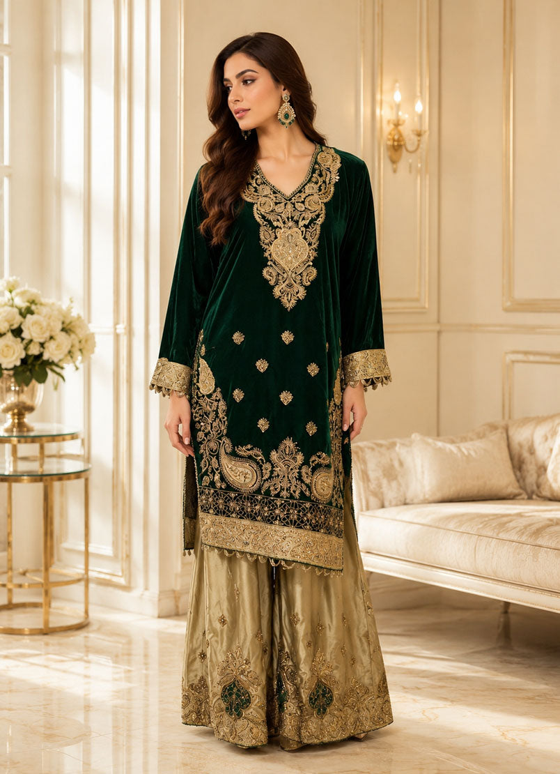 Embroidered Velvet 3-Piece Stitched Kurta & Sharara Suit