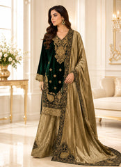 Embroidered Velvet 3-Piece Stitched Kurta & Sharara Suit